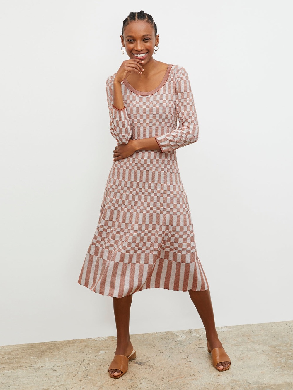 M.M.LaFleur The Tippy Dress - Checkered Knit in Red Clay/Natural